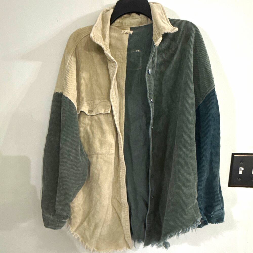 POL Women’s M Regular Green Beige Colorblock Corduroy Cotton Button-Up SMJ183